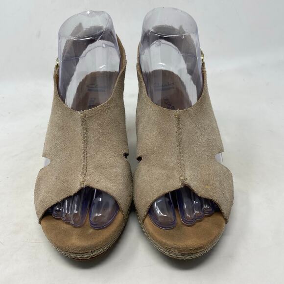 Clarks Helio Float Sandal Tan Suede Slingback Cork Wedge Womens Size 6.5 - Picture 3 of 8